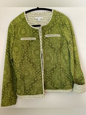 Isaac Mizrahi Cropped Medallion/Paisley Print Jacket Olive & Fern Green Size 10